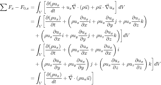 \begin{displaymath}\begin{split}\sum F_x-F_{0,x} &= \int_V\left[\frac{\partial(\...
...x)}{d t}+\vec{\nabla}\cdot(\rho u_u \vec{u})\right] \end{split}\end{displaymath}