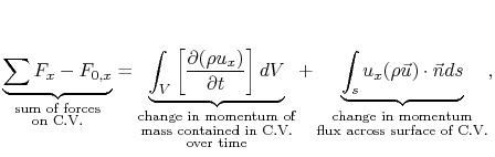 $\displaystyle \underbrace{\sum F_x - F_{0,x}}_{\substack{\textrm{sum of forces}...
...\substack{\textrm{change in momentum} \textrm{flux across surface of C.V.}}},$