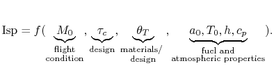 $\displaystyle \textrm{Isp} = f(\underbrace{M_0}_{\substack{\textrm{flight} \t...
...0,T_0,h,c_p}_{\substack{\textrm{fuel and} \textrm{atmospheric properties}}}).$