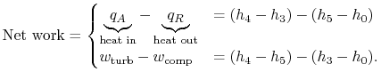 $\displaystyle \textrm{Net work}=\begin{cases}\underbrace{q_A}_\textrm{heat in} ...
...0) w_\textrm{turb} - w_\textrm{comp} &= (h_4 - h_5) - (h_3 -h_0). \end{cases}$