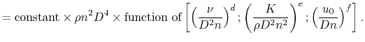 $\displaystyle = \textrm{constant}\times \rho n^2 D^4 \times\textrm{function of}...
...^d;\left(\frac{K}{\rho D^2 n^2}\right)^e;\left(\frac{u_0}{D n}\right)^f\right].$