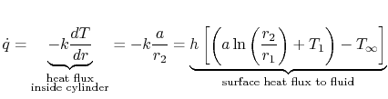 $\displaystyle \dot{q} = \underbrace{-k\frac{dT}{dr}}_{\substack{\textrm{heat fl...
...2}{r_1}\right)+T_1\right)-T_\infty\right]} _\textrm{surface heat flux to fluid}$