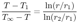 $\displaystyle \frac{T-T_1}{T_\infty-T}=\frac{\ln(r/r_1)}{\ln(r_2/r_1)}$