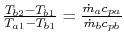 $ \frac{T_{b2} -T_{b1}}{T_{a1}-T_{b1}} =
\frac{\dot{m}_a c_{pa}}{\dot{m}_b c_{pb}}$