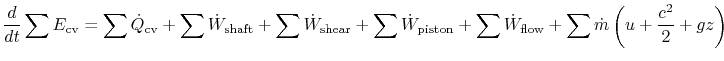 $\displaystyle \frac{d}{dt}\sum{E_{\textrm{cv}}}=\sum\dot{Q}_{\textrm{cv}}+\sum\...
...iston}}+
\sum\dot{W}_{\textrm{flow}}+\sum\dot{m}\left(u+\frac{c^2}{2}+gz\right)$