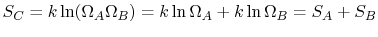 $\displaystyle S_C =k\ln(\Omega_A\Omega_B)=k\ln\Omega_A+k\ln\Omega_B =S_A+S_B$