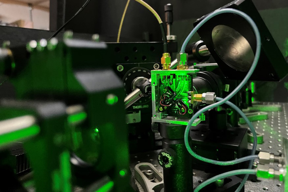 detail of quantum sensor instruemntation with green cast, MIT