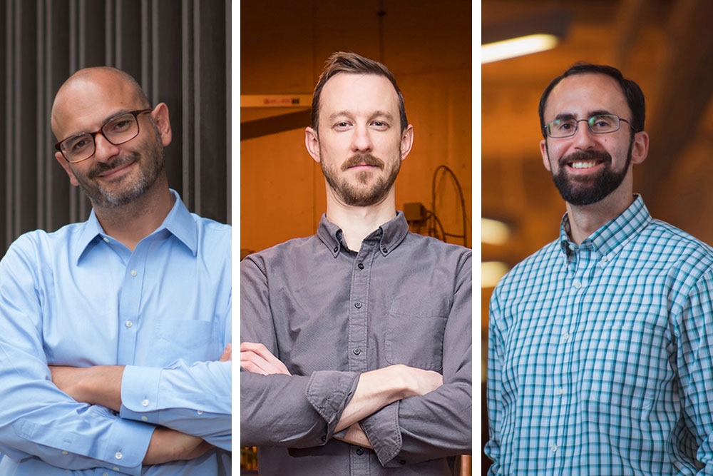 Three head shots from left to right of Matteo Bucci against a grey wall with parallel vertical architectural details; Zach Hartwig in a lab lit with orange light; Koroush Shirvan in a hall lit with orange light