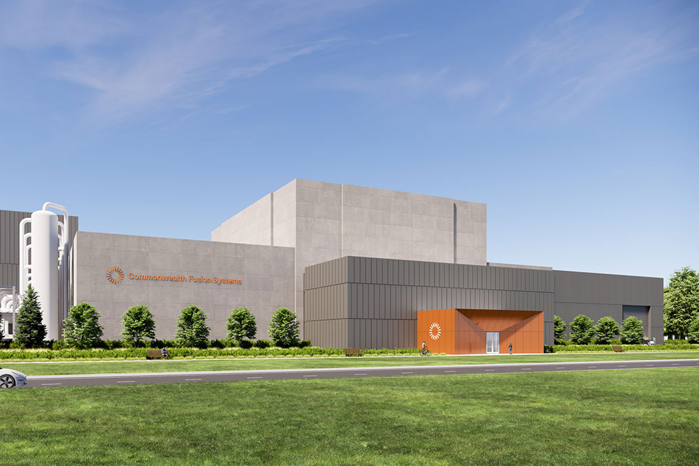 rendering of a fusion power plant showing the front elevation of the building in a green field